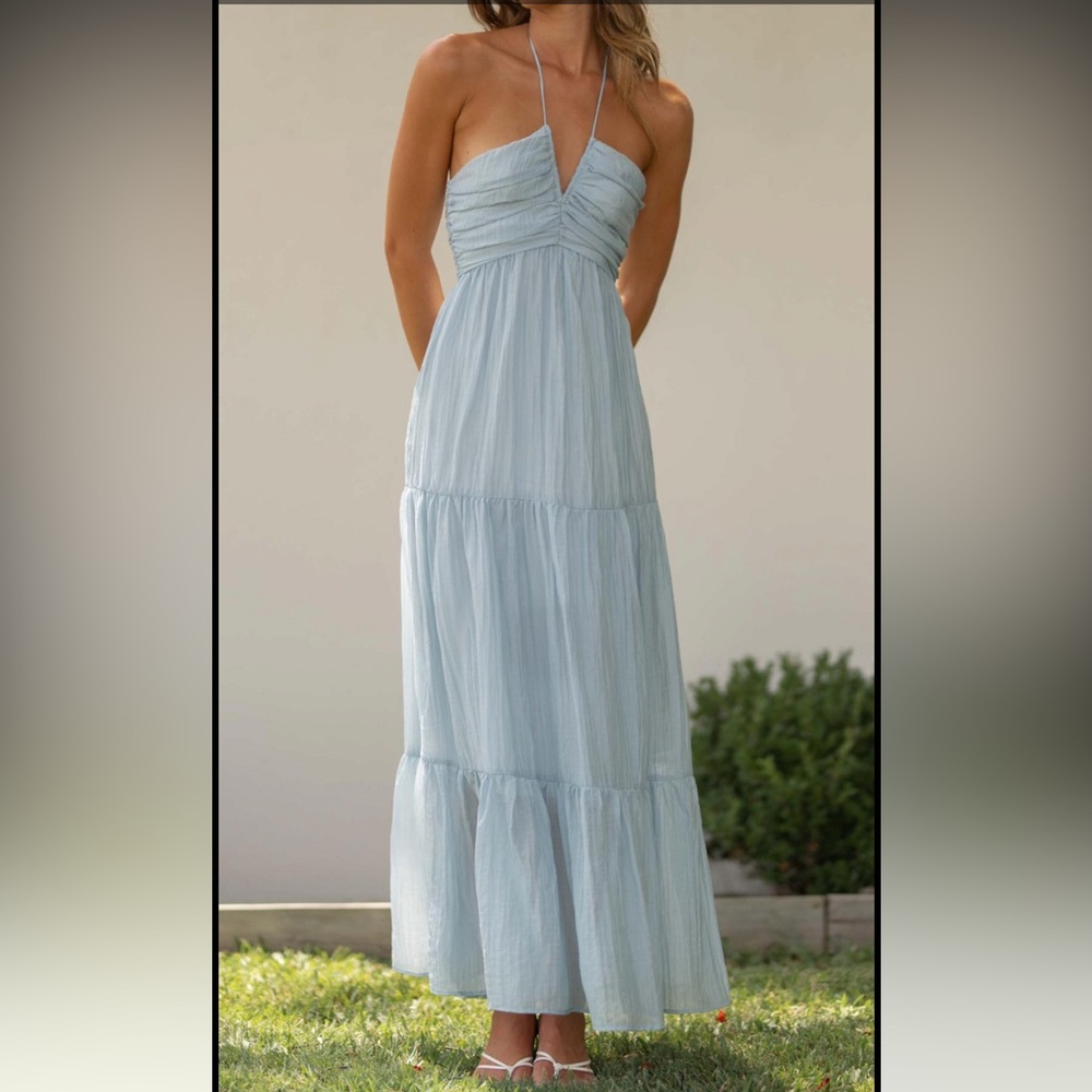 BLUE FLOWY HALTER MAXI DRESS